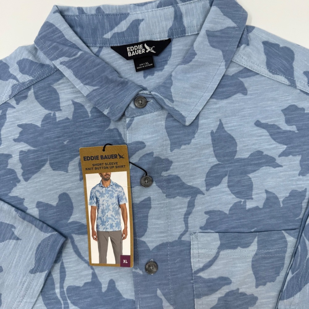 Eddie Bauer Mens XL Blue Floral Short Sleeve Knit Button Up Shirt NEW